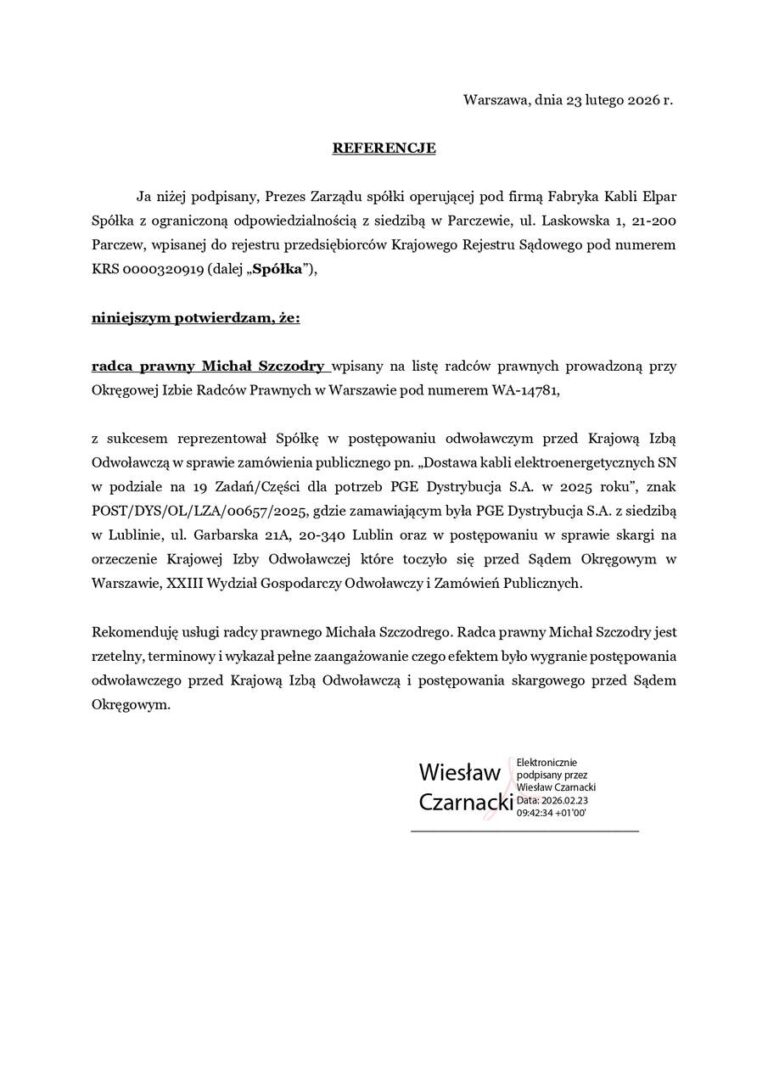 Referencje Fabryka Kabli Elpar